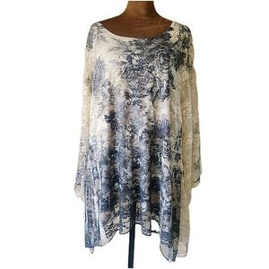 Brittany Black Lace Top Size 1X Plus Flare Sleeve Cream Floral Lined Lightweight
